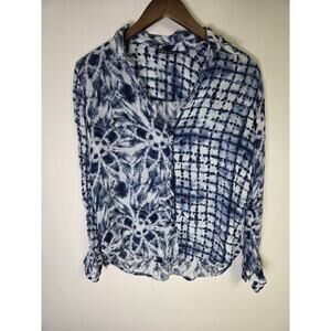 APNY Womens Tie Dye Patterned Button Down Top Blue and White Size Medium